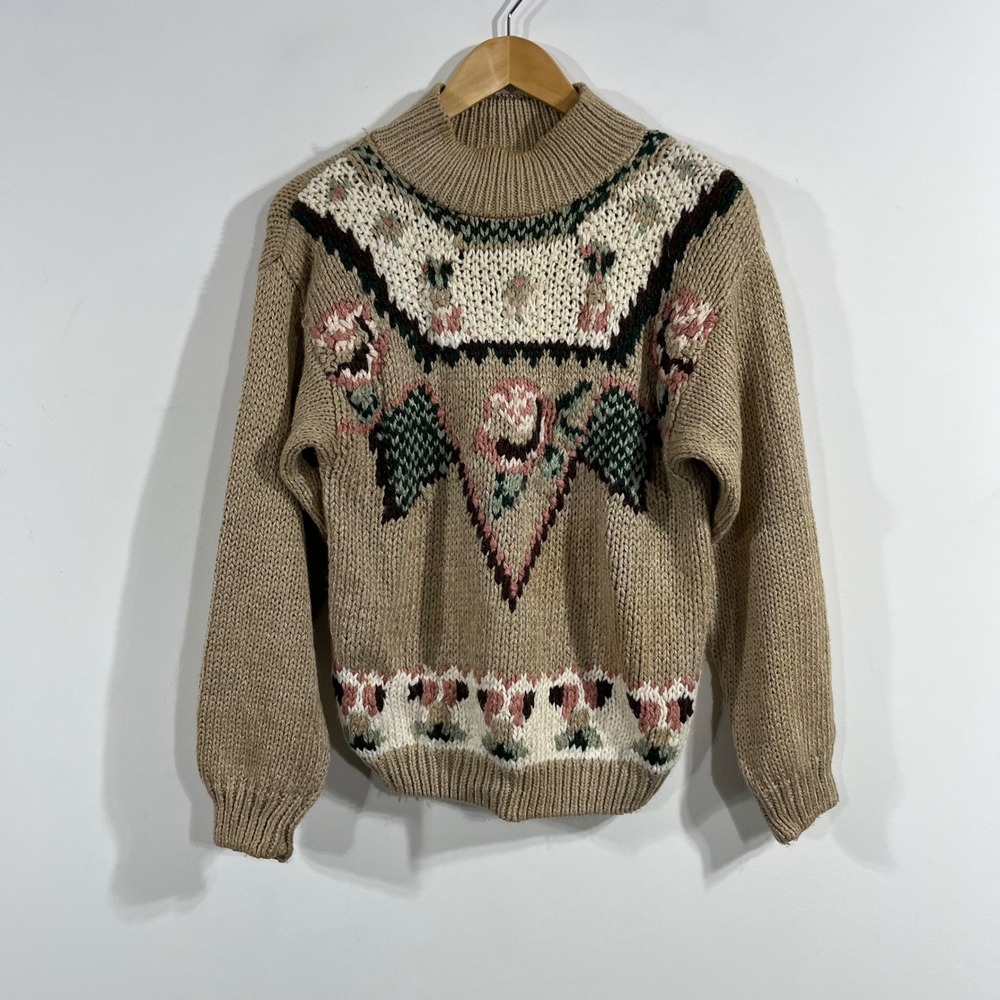 Jamie Scott VTG Cottagecore Hand Knit Floral Mock Neck Sweater Medium Grannycore